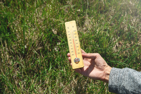 Male hand holding a thermometer on a background of green grass.