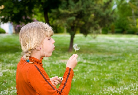 Young girl blowing a dandelion in a park. の写真素材