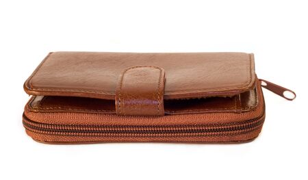 Red leather purse isolated on white.の写真素材