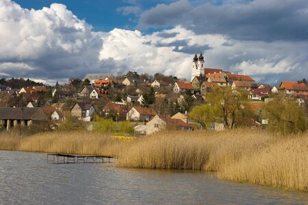 Tihany abbey with the inner lake and the village in Hungaryの写真素材