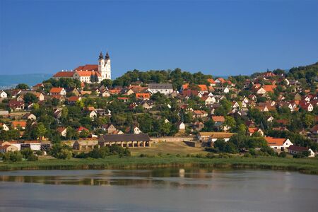 Tihany abbey with the village and the inner lake.の写真素材