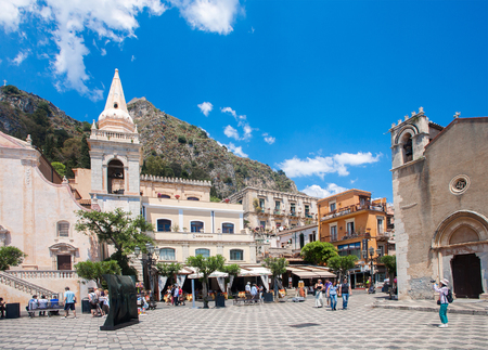 TAORMINA, ITALY - MAY 11, 2012  Taormina town main square center with the Chiesa Di San Giuseppe temple in Sicily Italyのeditorial素材