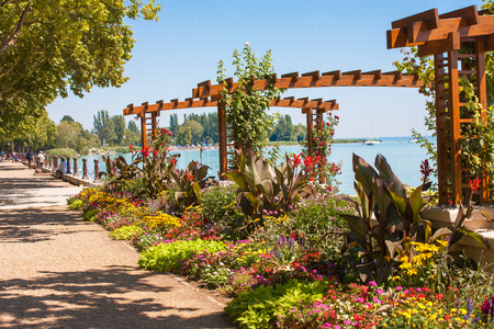 Flower garden at Lake Balaton's beach in Balatonfured, Hugaryのeditorial素材