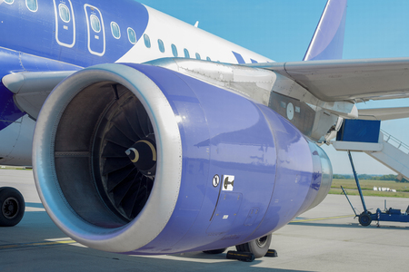 Turbojet ready for boarding - with close up of the engine