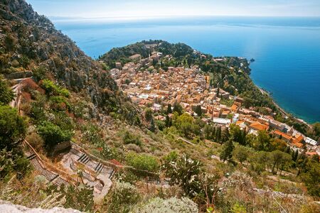 Panoramic view of Taormina from Castelmola in Sicily, Italyの写真素材