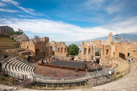 TAORMINA, ITALY - MAY 31, 2015: Workers mounting a stage in the Greek Theatre of Taormina, Sicilyのeditorial素材