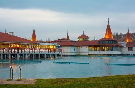 Heviz, Hungary - November 27, 2015: Heviz Lake in Hungary at twilight.のeditorial素材