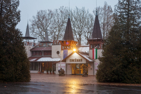 HEVIZ, HUNGARY - 24 JANUARY, 2015: The main entrance of Heviz Spa at winter in the evening. Heviz lake is the 2nd largest natural thermal lake in the worldのeditorial素材