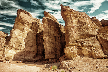 The Solomons Pillars tourist attraction in Timna National Park, Israel (HDR image with black gold filter)の写真素材