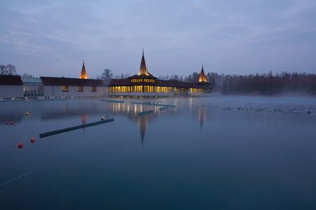 Heviz lake at night in Hungary at winter - The 2nd largest natural thermal lake in the worldの写真素材