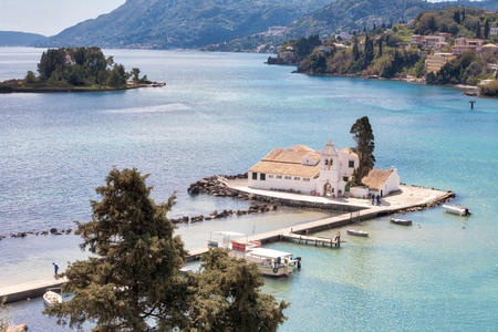 The Panagia Vlacherna Monastery of Panayia with the Mouse Island in Corfu, Greeceのeditorial素材