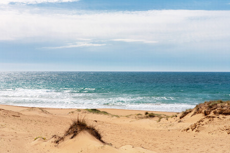 Seascape with sandy beach at Lake Korission and desert in Corfu, Greeceの写真素材