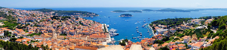 Beautiful wide panorama photo of Hvar town with the harbor in Croatia