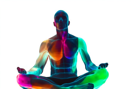 A digitally rendered image shows a male figure in a meditative pose.  The figure is translucent, revealing internal structures with vibrant, multicolored highlights against a white background.の素材