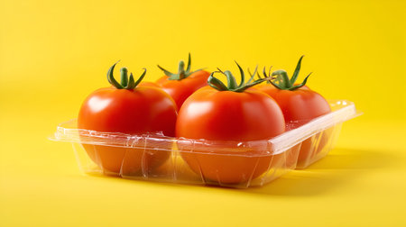 Four ripe red tomatoes with green stems are nestled within a clear plastic clamshell container, set against a vibrant yellow backdrop.  The image is a close-up, focusing on the produce and packaging.の素材