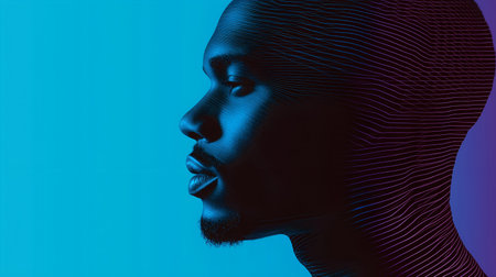 Profile view of a dark-skinned man's face, illuminated by blue and purple light, overlaid with a textured, line-art pattern. The background is a solid blue.の素材