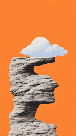 A digital collage features a grey rock formation resembling a human profile against a vibrant orange background. A single, partially visible cloud rests atop the rock structure.の素材