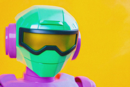 Close-up of a toy robot's head and shoulders against a yellow background. The robot has a teal helmet with yellow visor, purple body, and rounded features.の素材