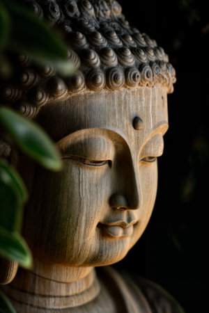 Close-up view of a weathered, light brown wooden Buddha statue's head and shoulders.  The statue has a detailed ushnisha and serene facial features.  Part of a green plant is visible in the foreground.の素材