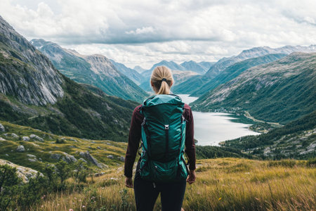 A lone hiker with a teal backpack stands on a grassy hill overlooking a fjord surrounded by majestic mountains. The scene is dominated by greens, blues, and grays under a partly cloudy sky.の素材