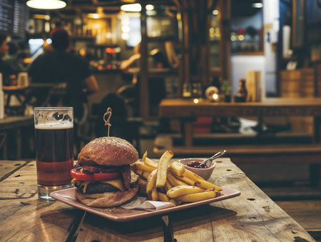 A cheeseburger, french fries, and a glass of dark beer sit on a rustic wooden table in a dimly lit pub. The background is blurred but shows other patrons and a bar area.の素材