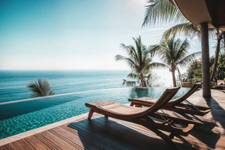 Oceanfront infinity pool with two wooden lounge chairs on a deck overlooking a calm sea under a bright sky and palm trees.の素材