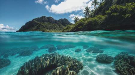 A split-level image shows a tropical coastline with lush vegetation and a rocky mountain backdrop.  The lower half is underwater, revealing shallow turquoise waters and vibrant coral reefs.の素材