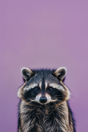 A raccoon, facing the camera, is centered against a solid purple background. Its fur is predominantly dark gray and black, with lighter gray accents around its face. The raccoon's expression is serious and alert.の素材