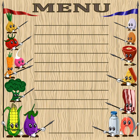 Menu with cartoon vegetables and products on wood backgroundのイラスト素材