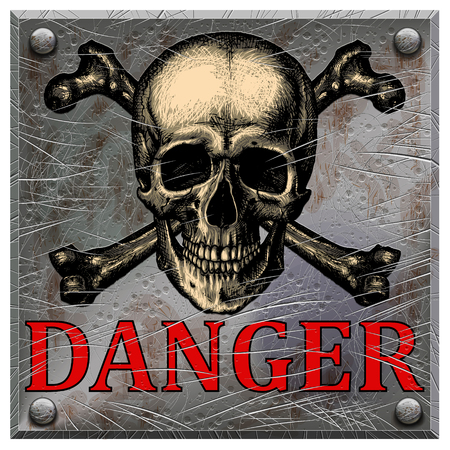 Realistic metal plate with a skull and the inscription of danger on a blank backgroundのイラスト素材