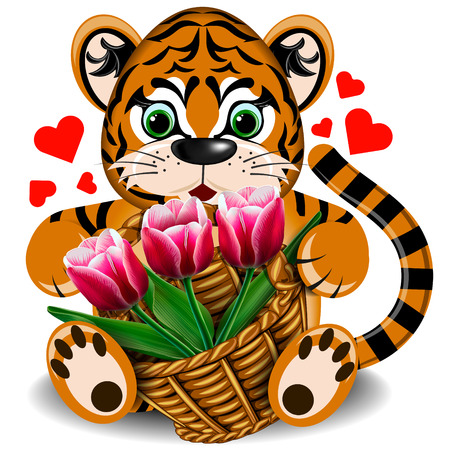 Plush toy tiger with a basket of tulips on a blank backgroundのイラスト素材
