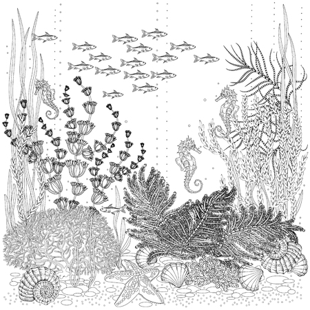 The flora and fauna of seabed colorless illustration.のイラスト素材