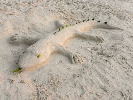 gecko made of sand on the seashore. sand figure.の写真素材