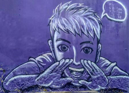 PENANG, MALAYSIA-2018-01-05:  Public street art Name Kah Lu Kong Hokkien Teach you speak Hokkien language on the wall with black and white color in Georgetown, Penang, Malaysiaのeditorial素材