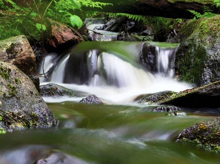 Forest river stream water slowly flow. Mossy river stream rocks. Mossy forest river stream view. Forrest river stream flow

の写真素材