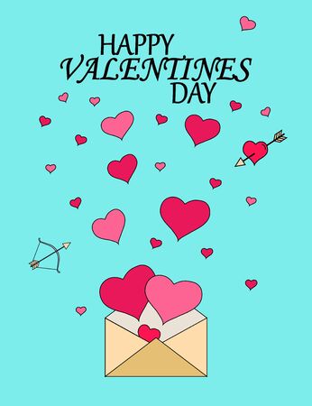 Flat style opened envelope icon with hearts. Mail icon. Happy Valentine's day card. Happy Valentine's Day lettering. Can be used in infographic, advertising. Vector illustration.のイラスト素材