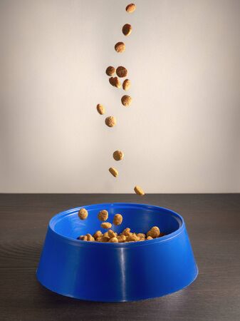 dry cat food sprinkles in a blue bowl.