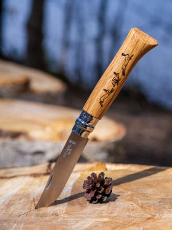 RUSSIA, VIBORG - 05.16.2020: Opinel knife. Vintage knife with a wooden handle on a stump. Tourist camping knifeのeditorial素材