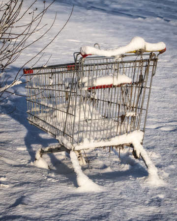 Shopping cart from the supermarket in the snow. The concept of closed stores, low demand, crisis, corontin. Consumer winter.の写真素材