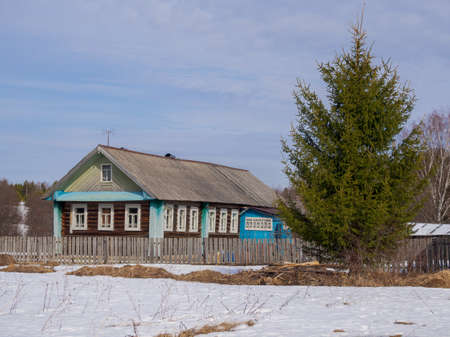 wooden house in the Russian village. Wooden house with a fence made of planks with green spruce in winter. Russia, Arkhangelsk regionの写真素材