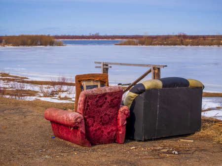 Leather sofa on the river bankの写真素材