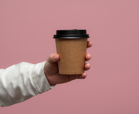 disposable cup of coffee in hand. Mockup.の写真素材