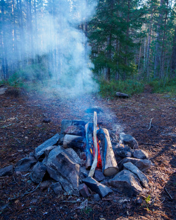 Campfire in the woods at a picnic surrounded by stonesの写真素材
