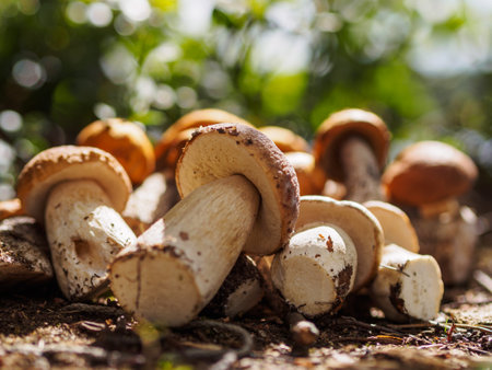 Collected porcini mushrooms on the ground. Pile of porcini mushroomsの写真素材