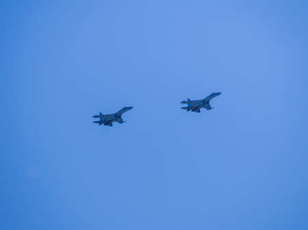 Russia, St. Petersburg - June 24, 2020: Russian military SU-35 plane of the Russian Air Force in flight at the Victory Parade in World War II.のeditorial素材