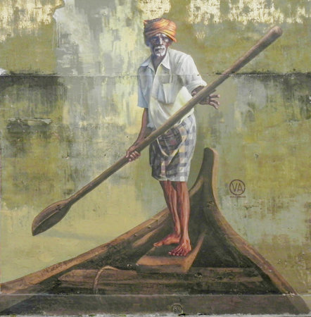 PENANG, MALAYSIA-2014-01-08: Public street art in Georgetown "Old man with a paddle on a boat", Penang, Malaysiaのeditorial素材