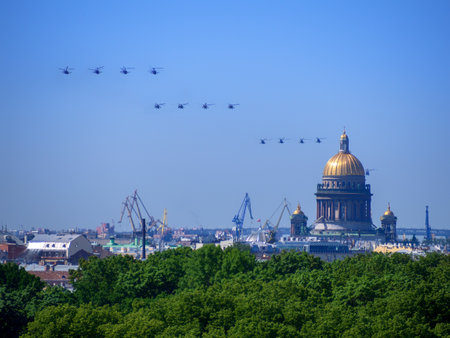 Russia, St. Petersburg - June 24, 2020: Victory Parade in honor of the 75th anniversary of the end of The Great Patriotic War - helicopterのeditorial素材