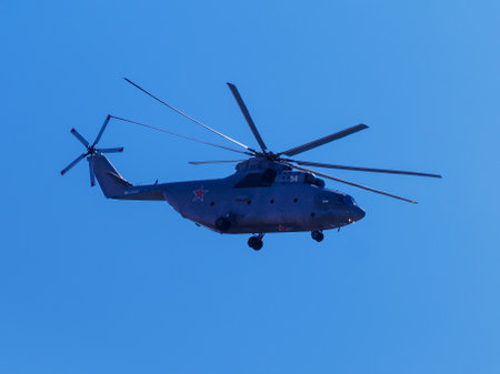 Russia, St. Petersburg - June 24, 2020: Russian transport helicopter Mil Mi-26 RF-06805 of the Russian Air Force in flight at Parade of Victory in World War II.のeditorial素材