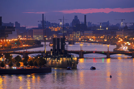 Russia, St. Petersburg - June 27, 2020: Cruiser Aurora, the famous landmark, St Petersburg, Russiaのeditorial素材