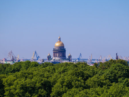 Russia, St. Petersburg - June 24, 2020: St. Isaac's Cathedral in St Petersburg, view from the roof of the city at sunset.のeditorial素材